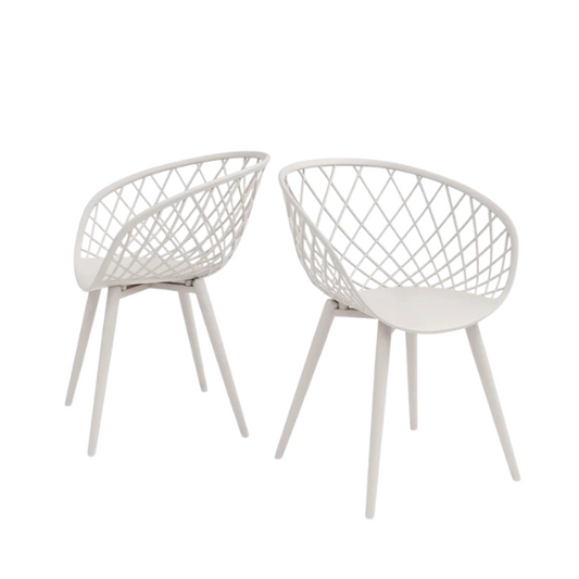 Set of two matte white mid-century modern dining chairs with molded plastic seats and black metal legs.

