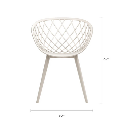 Set of two matte white mid-century modern dining chairs with molded plastic seats and black metal legs.

