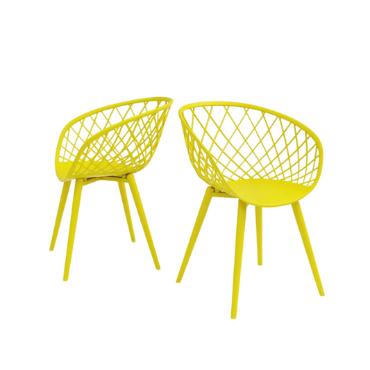 Set of two yellow mid-century modern chairs with matte molded seats and angled steel legs.

