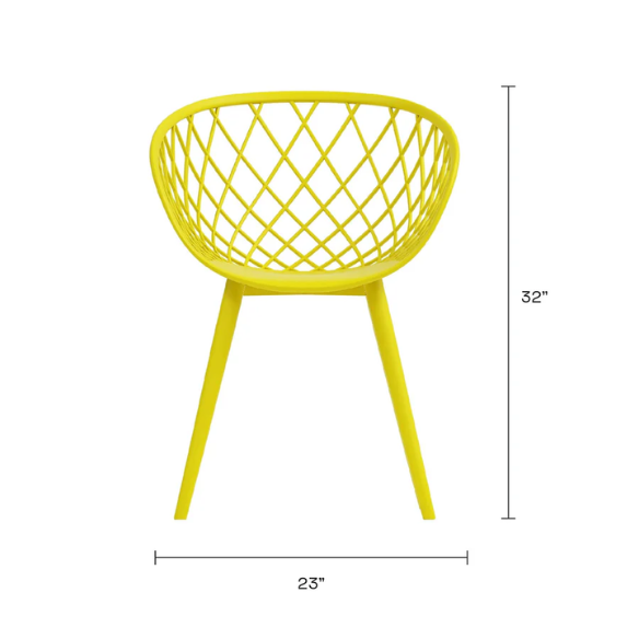 Set of two yellow mid-century modern chairs with matte molded seats and angled steel legs.

