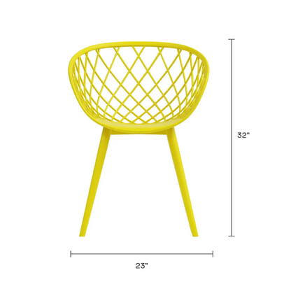 Set of two yellow mid-century modern chairs with matte molded seats and angled steel legs.

