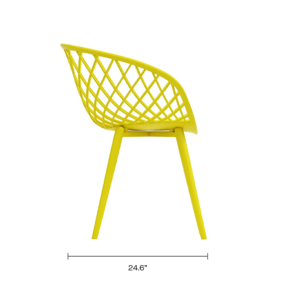Set of two yellow mid-century modern chairs with matte molded seats and angled steel legs.

