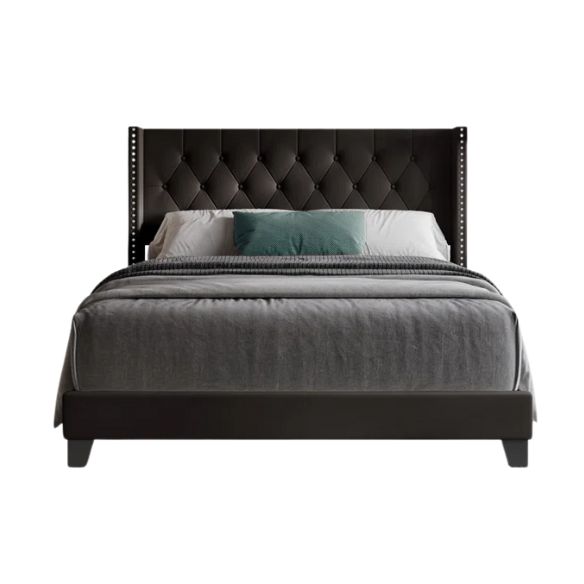 Mocha brown full size upholstered bed with tufted wingback headboard, nailhead trim, and faux leather finish on a solid wood frame.

