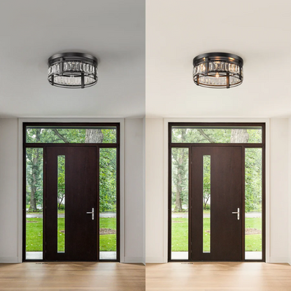 Modern matte black flush mount ceiling light with crystal drum shade, three-light fixture for bedroom, kitchen, or entryway