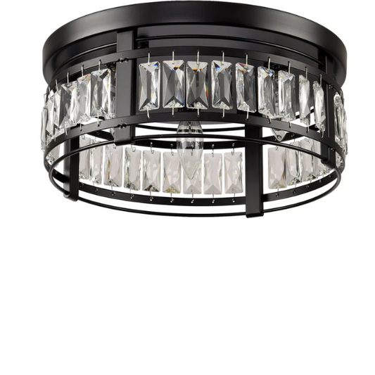 Modern matte black flush mount ceiling light with crystal drum shade, three-light fixture for bedroom, kitchen, or entryway