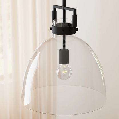 Modern black pendant light with clear glass dome shade, adjustable ceiling fixture for kitchen island, entryway, or bedroom