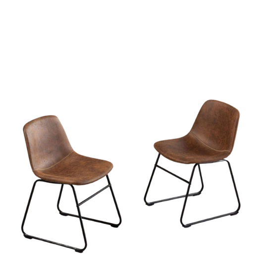 Set of two modern dining chairs upholstered in brown faux leather with curved backrests and black metal legs.

