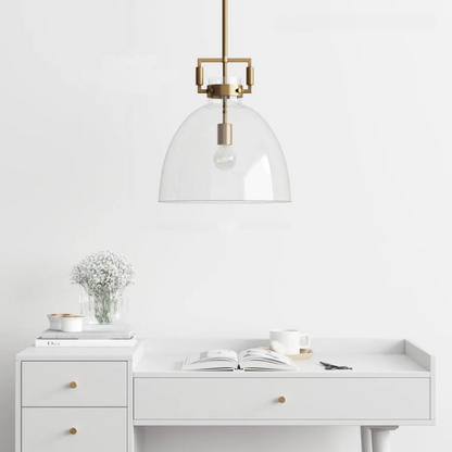 Modern gold pendant light with clear glass dome shade, adjustable hanging ceiling fixture for kitchen island, entryway, or bedroom