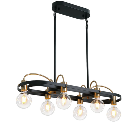 Modern black and gold rectangular 6-light industrial chandelier with minimalist open metal frame, ideal for kitchen islands and dining rooms