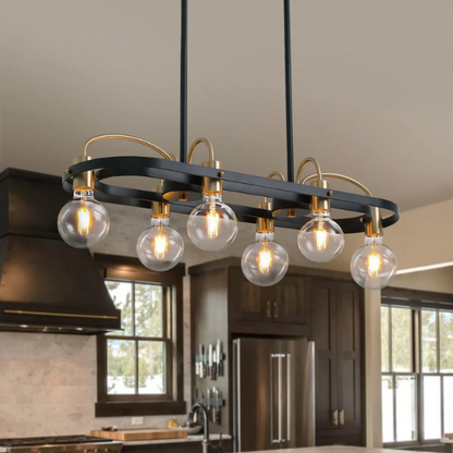 Modern black and gold rectangular 6-light industrial chandelier with minimalist open metal frame, ideal for kitchen islands and dining rooms