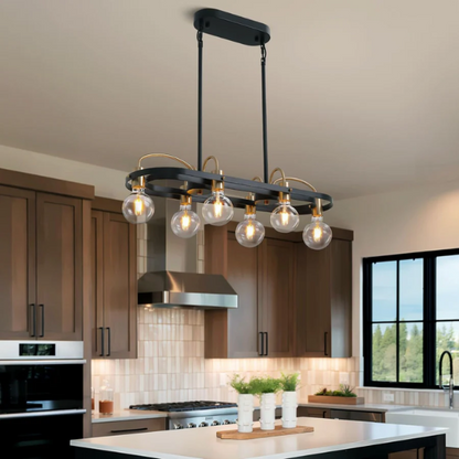 Modern black and gold rectangular 6-light industrial chandelier with minimalist open metal frame, ideal for kitchen islands and dining rooms