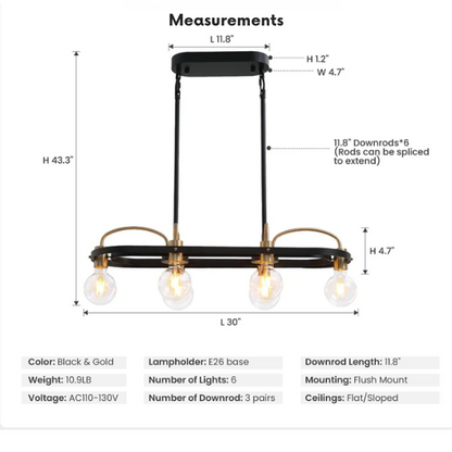 Modern black and gold rectangular 6-light industrial chandelier with minimalist open metal frame, ideal for kitchen islands and dining rooms