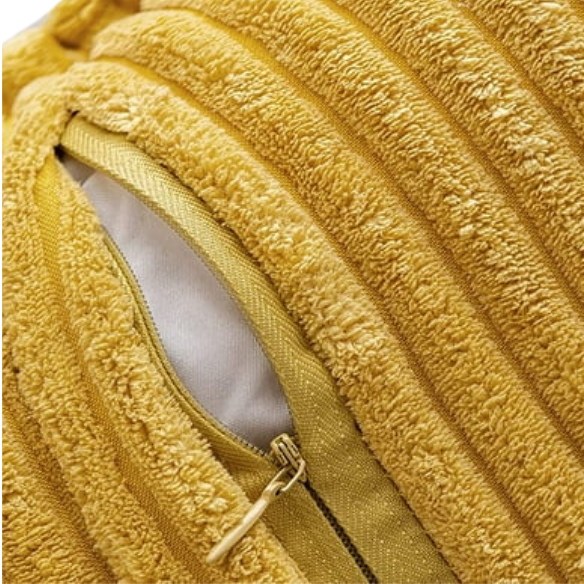 Mustard yellow corduroy pillow cover with geometric striped pattern, modern design, eco-friendly, 45x45 cm, machine washable