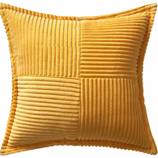 Mustard yellow corduroy pillow cover with geometric striped pattern, modern design, eco-friendly, 45x45 cm, machine washable