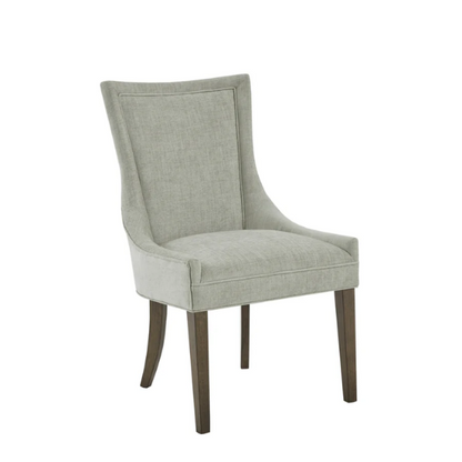 Set of 2 upholstered armless dining chairs in muted green with solid wood legs, high backrest, and elegant piping detail.

