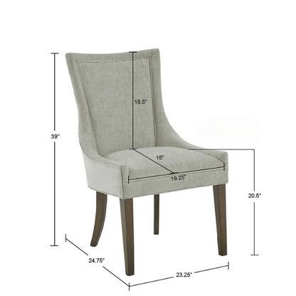 Set of 2 upholstered armless dining chairs in muted green with solid wood legs, high backrest, and elegant piping detail.

