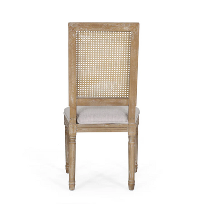 Set of 6 French country dining chairs with natural wood frames, handwoven cane backs, and light grey upholstered seats, featuring fluted legs and classic rustic charm.


