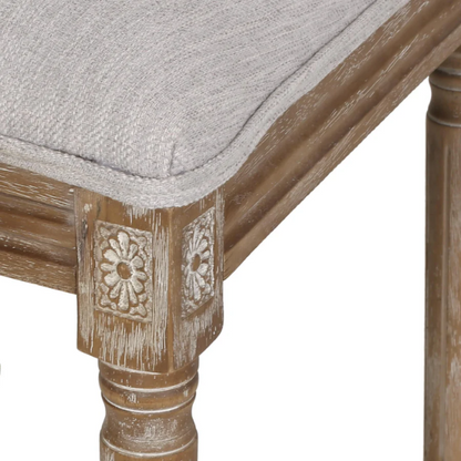 Set of 6 French country dining chairs with natural wood frames, handwoven cane backs, and light grey upholstered seats, featuring fluted legs and classic rustic charm.

