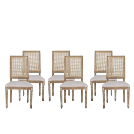Set of 6 French country dining chairs with natural wood frames, handwoven cane backs, and light grey upholstered seats, featuring fluted legs and classic rustic charm.

