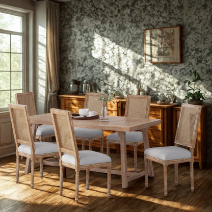 Set of 6 French country dining chairs with natural wood frames, handwoven cane backs, and light grey upholstered seats, featuring fluted legs and classic rustic charm.

