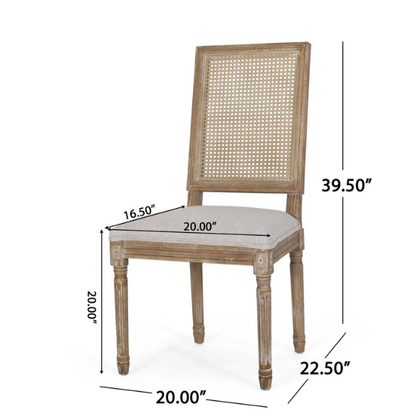 Set of 6 French country dining chairs with natural wood frames, handwoven cane backs, and light grey upholstered seats, featuring fluted legs and classic rustic charm.

