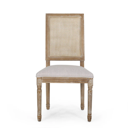Set of 6 French country dining chairs with natural wood frames, handwoven cane backs, and light grey upholstered seats, featuring fluted legs and classic rustic charm.

