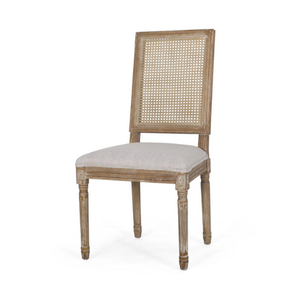 Set of 6 French country dining chairs with natural wood frames, handwoven cane backs, and light grey upholstered seats, featuring fluted legs and classic rustic charm.

