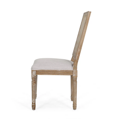 Set of 6 French country dining chairs with natural wood frames, handwoven cane backs, and light grey upholstered seats, featuring fluted legs and classic rustic charm.

