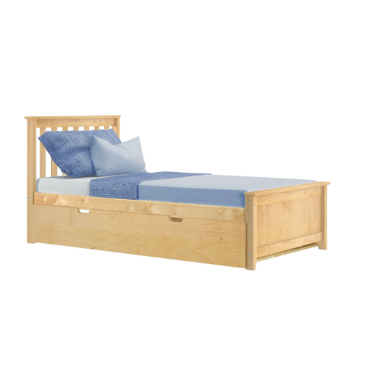 Stylish Twin Bed with Trundle: Wooden Bed Frame with Headboard and Slatted Design – Ideal for Kids' Rooms