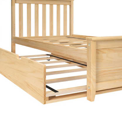 Stylish Twin Bed with Trundle: Wooden Bed Frame with Headboard and Slatted Design – Ideal for Kids' Rooms