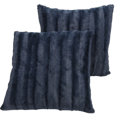 Set of two navy blue faux fur throw pillows, 18x18 inches, square decorative cushions with soft microfiber filling—ideal for sofas, beds, and cozy accent chairs