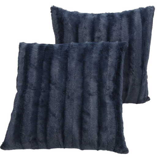 Set of two navy blue faux fur throw pillows, 18x18 inches, square decorative cushions with soft microfiber filling—ideal for sofas, beds, and cozy accent chairs