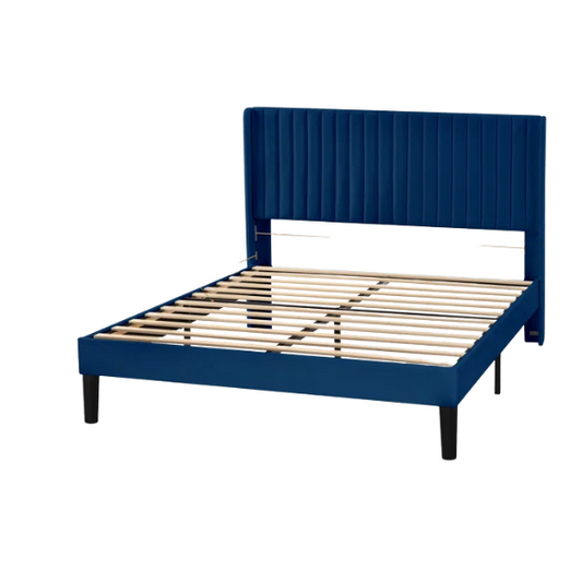 Navy blue velvet queen bed with tufted wingback headboard, 8-inch underbed clearance, and a solid wood frame.


