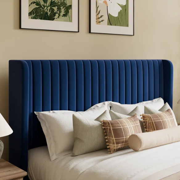 Navy blue velvet queen bed with tufted wingback headboard, 8-inch underbed clearance, and a solid wood frame.

