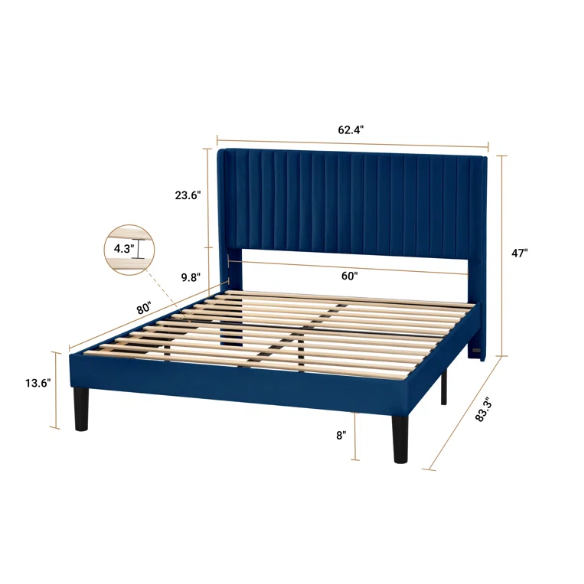 Navy blue velvet queen bed with tufted wingback headboard, 8-inch underbed clearance, and a solid wood frame.

