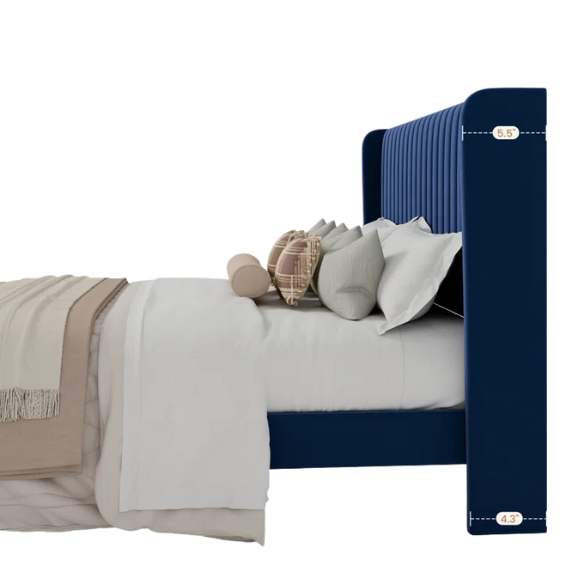 Navy blue velvet queen bed with tufted wingback headboard, 8-inch underbed clearance, and a solid wood frame.

