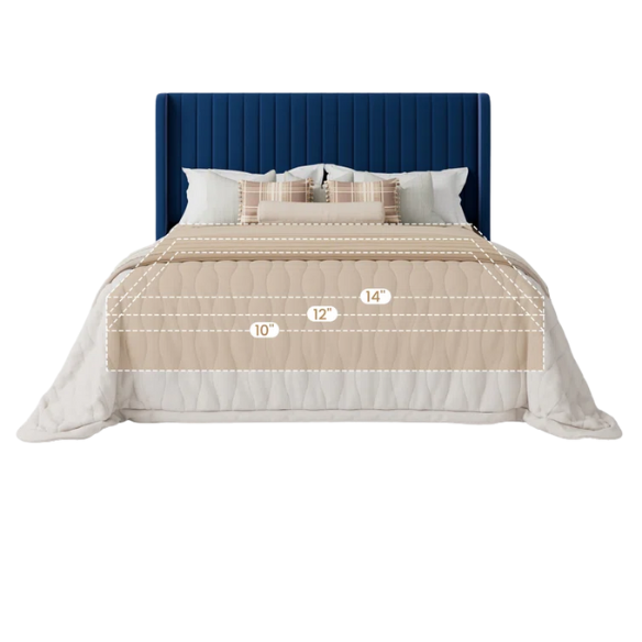 Navy blue velvet queen bed with tufted wingback headboard, 8-inch underbed clearance, and a solid wood frame.

