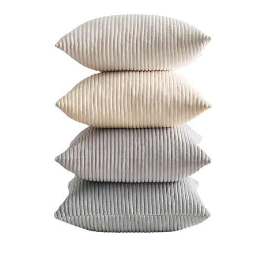 Set of 4 neutral striped corduroy pillow covers in beige, taupe, and cream – 18x18 inch decorative cushion covers with gradient design and hidden zippers for modern, boho, or farmhouse decor.