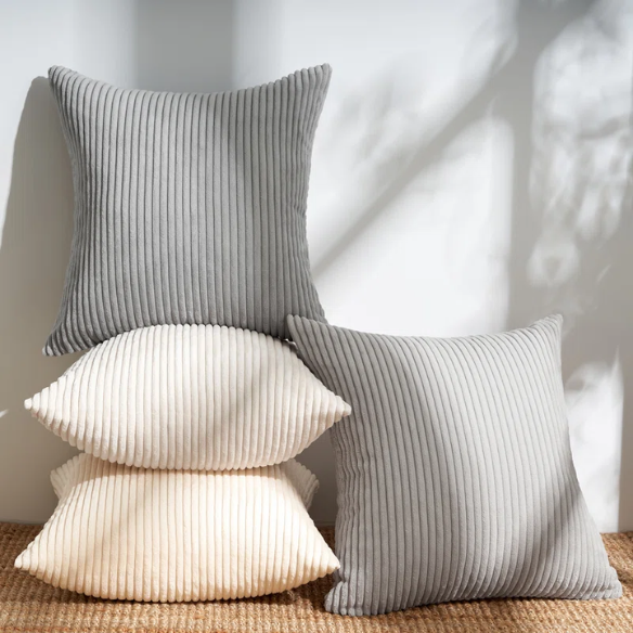 Set of 4 neutral striped corduroy pillow covers in beige, taupe, and cream – 18x18 inch decorative cushion covers with gradient design and hidden zippers for modern, boho, or farmhouse decor.