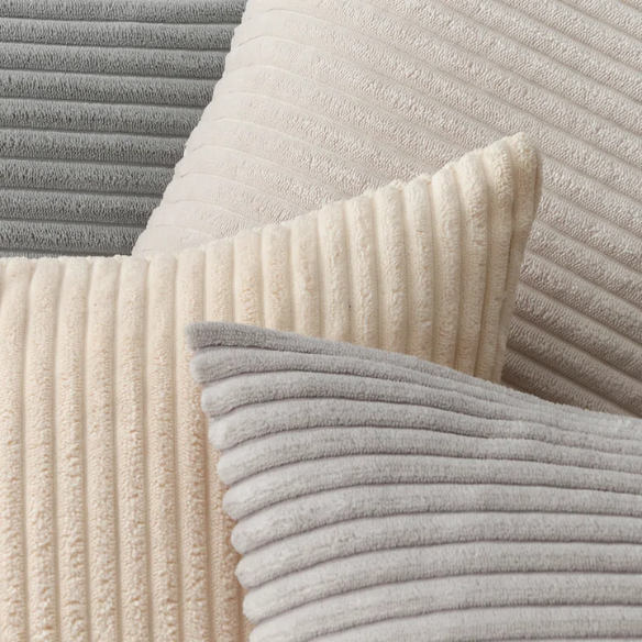 Set of 4 neutral striped corduroy pillow covers in beige, taupe, and cream – 18x18 inch decorative cushion covers with gradient design and hidden zippers for modern, boho, or farmhouse decor.