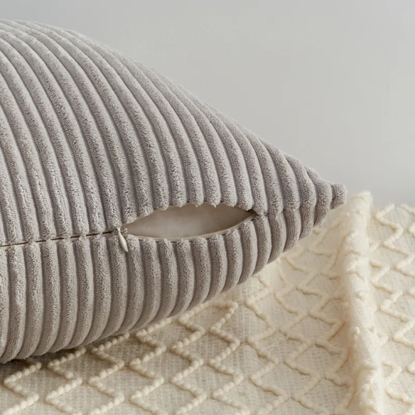 Set of 4 neutral striped corduroy pillow covers in beige, taupe, and cream – 18x18 inch decorative cushion covers with gradient design and hidden zippers for modern, boho, or farmhouse decor.