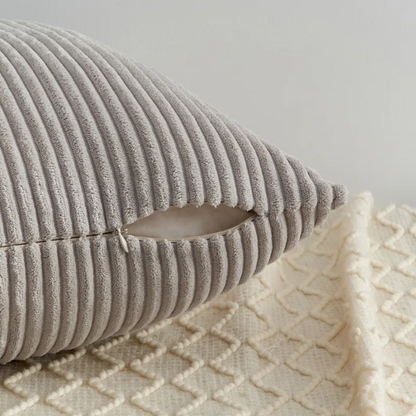 Set of 4 neutral striped corduroy pillow covers in beige, taupe, and cream – 18x18 inch decorative cushion covers with gradient design and hidden zippers for modern, boho, or farmhouse decor.