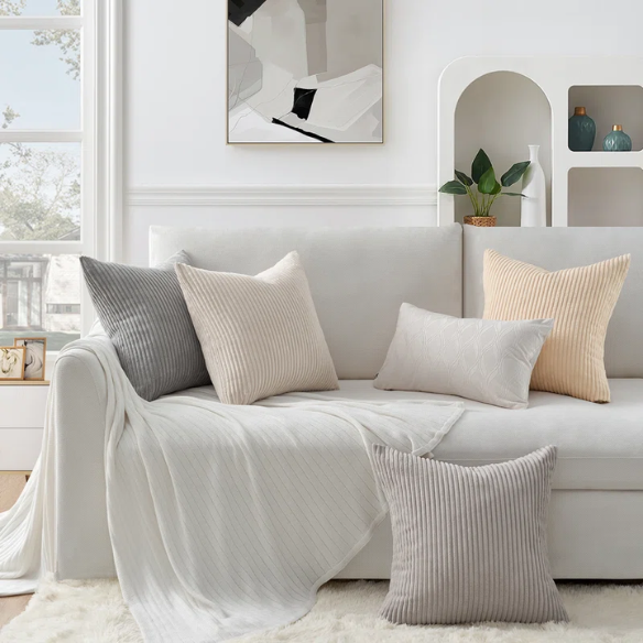Set of 4 neutral striped corduroy pillow covers in beige, taupe, and cream – 18x18 inch decorative cushion covers with gradient design and hidden zippers for modern, boho, or farmhouse decor.