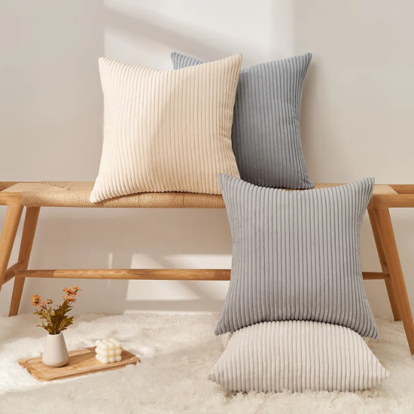 Set of 4 neutral striped corduroy pillow covers in beige, taupe, and cream – 18x18 inch decorative cushion covers with gradient design and hidden zippers for modern, boho, or farmhouse decor.