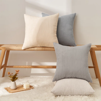 Set of 4 neutral striped corduroy pillow covers in beige, taupe, and cream – 18x18 inch decorative cushion covers with gradient design and hidden zippers for modern, boho, or farmhouse decor.