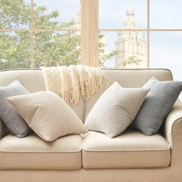 Set of 4 neutral striped corduroy pillow covers in beige, taupe, and cream – 18x18 inch decorative cushion covers with gradient design and hidden zippers for modern, boho, or farmhouse decor.