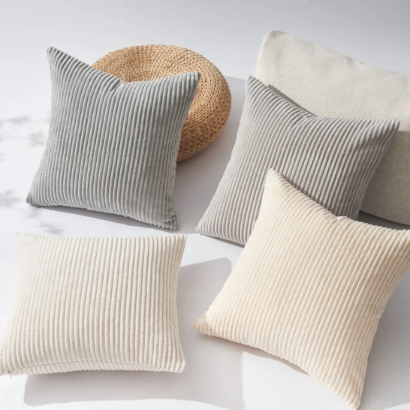 Set of 4 neutral striped corduroy pillow covers in beige, taupe, and cream – 18x18 inch decorative cushion covers with gradient design and hidden zippers for modern, boho, or farmhouse decor.