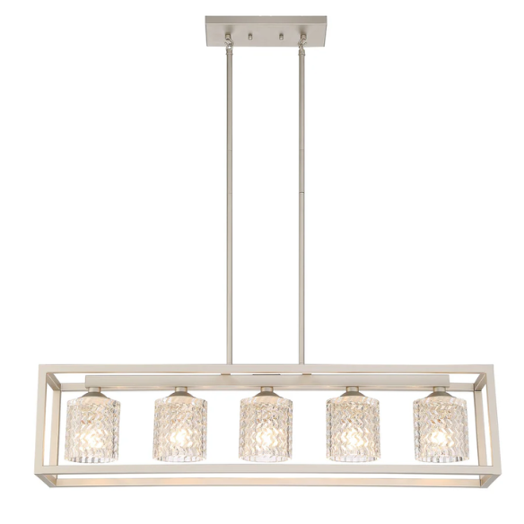 Modern nickel dust rectangular chandelier with rippled glass crystal shades and adjustable height, ideal for kitchen islands and dining rooms

