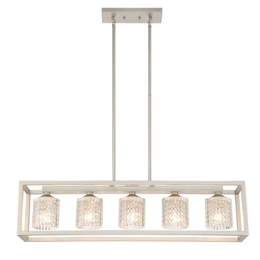 Modern nickel dust rectangular chandelier with rippled glass crystal shades and adjustable height, ideal for kitchen islands and dining rooms

