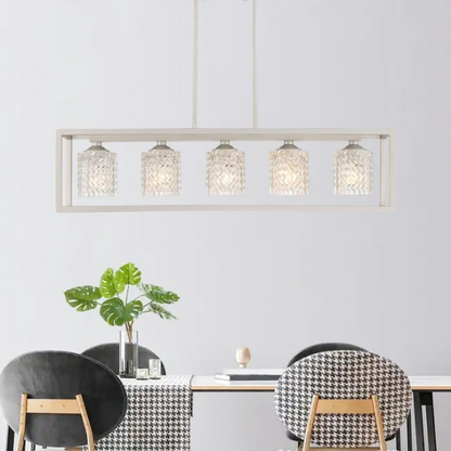Modern nickel dust rectangular chandelier with rippled glass crystal shades and adjustable height, ideal for kitchen islands and dining rooms


